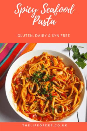 This Spicy #Seafood #Pasta #recipe is packed full of flavour with juicy #prawns and #calamari in a rich tomato sauce with a kick of chilli and chopped basil. #Gluten and #dairy #free too. #syn #free on #slimming #world